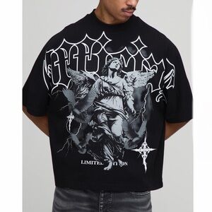 Boohoo Man Black Oversized Boxy Heavyweight Angel Printed T-Shirt Small